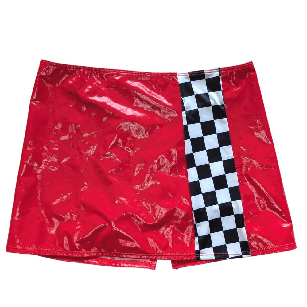 Small Red PVC Shiny Mini Skirt Black White Checkered Race Detail Club Rave
